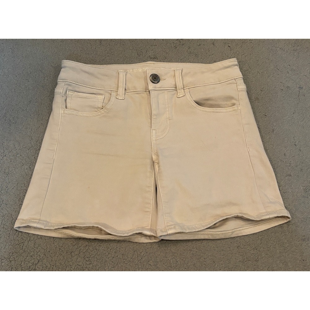 American Eagle Outfitters Midi Super Stretch Khaki Tan Denim Shorts Womens 0
